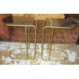 LOW OCCASIONAL TABLES, a pair, each gilt metal framed with a black and white veined marble top,