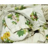 CURTAINS, floral design fabric, three pairs, one pair each 260cm W gathered x 280cm Drop,