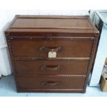 CHEST, vintage campaign style, leather finish with three drawers, 76cm H x 76cm x 39cm.
