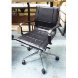 DESK CHAIR, in black leather on a chromed swivel frame on castors, 57cm W.