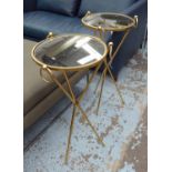 WINE TABLES, a pair, circular with mirrored top on a gilt metal base, 36cm Diam x 75cm H.