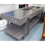 KITCHEN ISLAND, bespoke made concrete and metal with integral gas hob and sink,