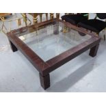 LOW TABLE, brown faux crocodile skin with studded detail frame, glass top,