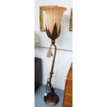 STANDARD LAMP, Art Nouveau style, brass floral design, with glass shade, 175cm H.