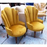 SALON CHAIRS, a pair, with fan back, in a gold velvet fabric, on turned supports, 62cm W.