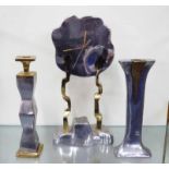 MANTLE CLOCK AND TWO CANDLESTICKS, Art Nouveau style, signed, in polished metal finish,