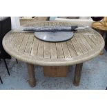 GARDEN TABLE, weathered teak, circular top top, with granite Lazy Susan and parasol, 150cm diam.