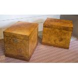 TRUNKS, a pair, burr walnut, with hinged tops and brass side handles,