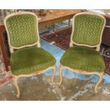 DINING CHAIRS, a set of six, Louis XV style French, grey painted and parcel gilt,