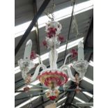 CHANDELIER, three branch, Murano glass, with twisted swept arms, 67cm H, plus chain.