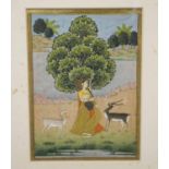 A 19th CENTURY INDIAN MINIATURE PAINTING, of a lady playing an instrument by a tree.