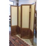 SCREEN, early 20th century, four fold, mahogany with silk panels, each panel 35cm W x 143cm H.