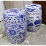 WITHDRAWN - BARREL STOOLS, a near pair, Chinese export style, blue and white ceramic, 48cm H.