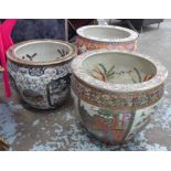 CHINESE PORCELAIN GOLDFISH BOWLS, three, of differing designs, 47cm H x 52cm W.