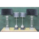 TABLE LAMPS, a pair, chrome stands with black velvet shades, 72cm H,
