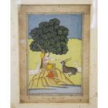 A 19th CENTURY INDIAN MINIATURE PAINTING, of a lady with various animals in a landscape.