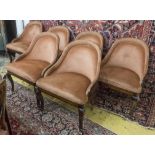 DINING CHAIRS, a set of six, mid 20th century, with curved walnut backs,