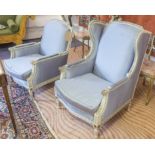 BERGERES, en suite pair, Louis XVI style, white painted, in light blue silk, 64cm W.