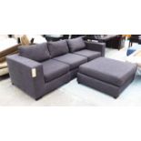 SOFA, in three sections, grey upholstered, 96cm D x 257cm W x 68cm H, with footstool.