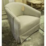 TUB ARMCHAIRS, a pair, with rounded backs and grey striped velvet upholstery.