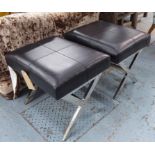 FOOTSTOOLS, a pair, on polished metal X frame bases, 46cm D x 55cm W x 51cm H.