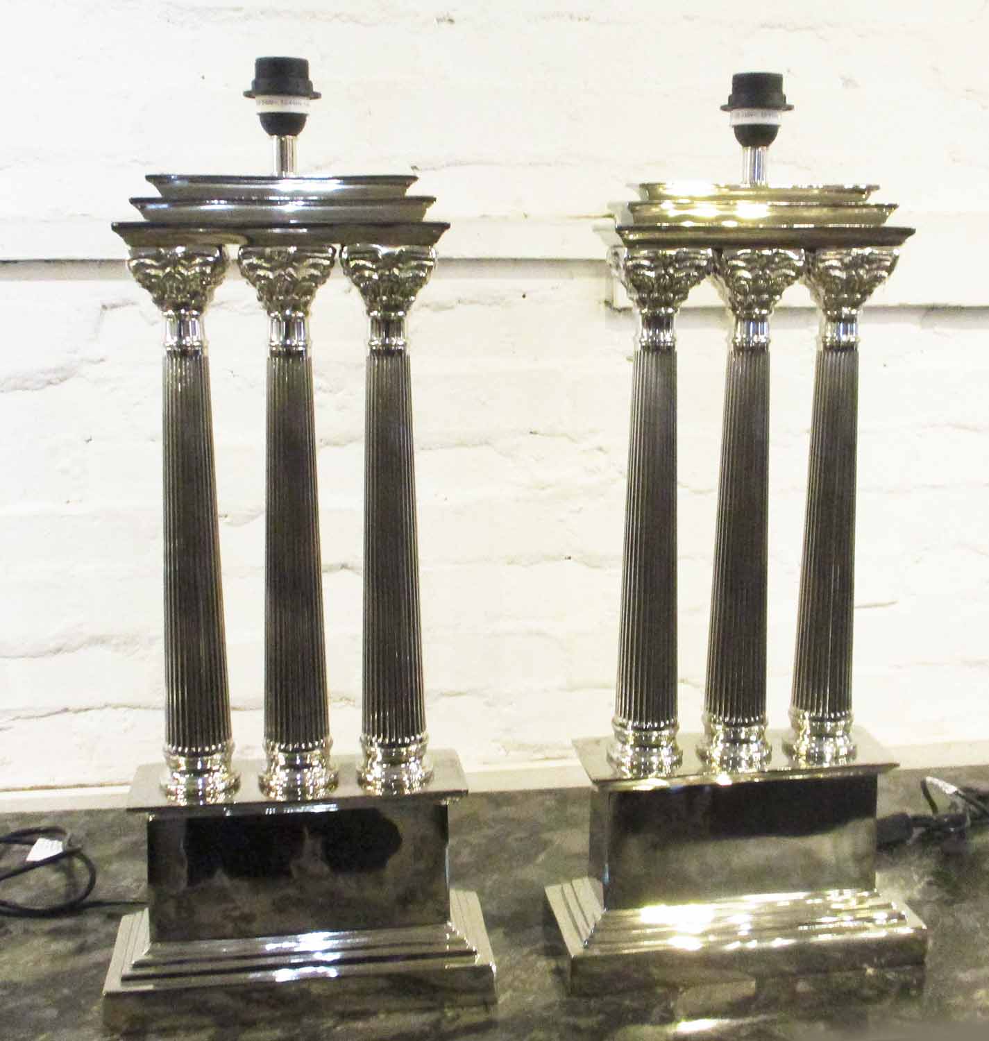 GRAND TOUR STYLE TABLE LAMPS, a pair, each with three Classical columns, 71cm H.