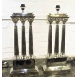 GRAND TOUR STYLE TABLE LAMPS, a pair, each with three Classical columns, 71cm H.