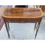 CARD TABLE, George III, D shaped, flame mahogany and rosewood cross banded, and baize lined,