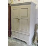 ARMOIRE, French style, traditionally grey painted, with two panelled doors enclosing hanging space,
