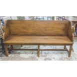 SETTLE, vintage, beech planked, with six supports, 95cm H x 175cm W x 46cm D.