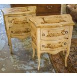 ITALIAN BEDSIDE CHESTS, a pair, traditional grey painted with rustic scenes, a drawer and cabinet,