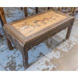 CHINESE LOW TABLE, camphorwood and soapstone with carved flowerhead decoration and figures,