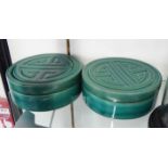 TRINKET JARS, a pair, Oriental inspired green glazed ceramic, 20cm diam. x 7 cm H.