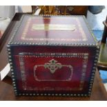DISPATCH BOX, red leather covered, with gold tooling, iron handles and brass plaque to lid,