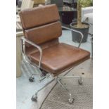 SOFT PADDED DESK CHAIR, after Charles and Ray Eames, soft pad hand finished leaf brown leather,