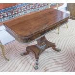 TEA TABLE, George IV mahogany, with hinged top on a shaped column and quadraform supports,