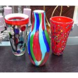 MURANO STYLE GLASS VASES, a collection of three, 40cm highest.