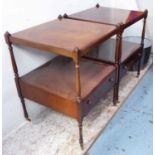 END TABLES, a pair, mahogany, each with undertier and drawer, each 56cm sq. x 77cm H (with faults).