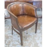 TUB ARMCHAIRS, a pair, brown leather and brass studded,