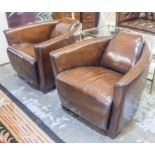 AVIATOR STYLE ARMCHAIRS, a pair, hand finished, leaf brown leather, 78cm W.