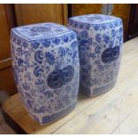 BARREL STOOLS, a pair, Chinese export style, blue and white ceramic, 50cm H.