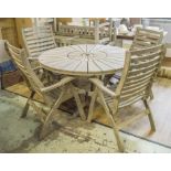 GARDEN SET, weathered teak, circular, radially segmented table top, with four folding armchairs,