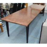 DINING TABLE, vintage French industrial style with copper top on ebonised legs, 305cm x 87cm x 80cm.