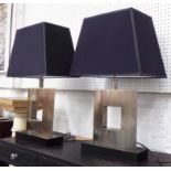 SIDE LAMPS, a pair, shaped brushed metal bases and black shades, overall 68cm H.