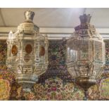 LANTERN, circa 1930, Spanish, silvered tole, in Moroccan taste, with clear and amber glass panels,