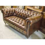 CHESTERFIELD SOFA, Victorian, style, deep button, hand finished leaf brown leather upholstered,