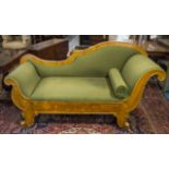 CHAISE LONGUE, Biedermeier satinbirch with shaped back and bolster cushion in green fabric, 184cm W.