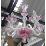 CHANDELIER, five branch, Murano glass, with twisted swept arms, 60cm H, plus chain.