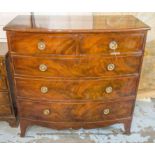 BOWFRONT CHEST, Regency flame mahogany with two short and three long drawers,