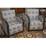 ARMCHAIRS, a pair, matching previous lot, in white and blue patterned fabric, with velvet sides.